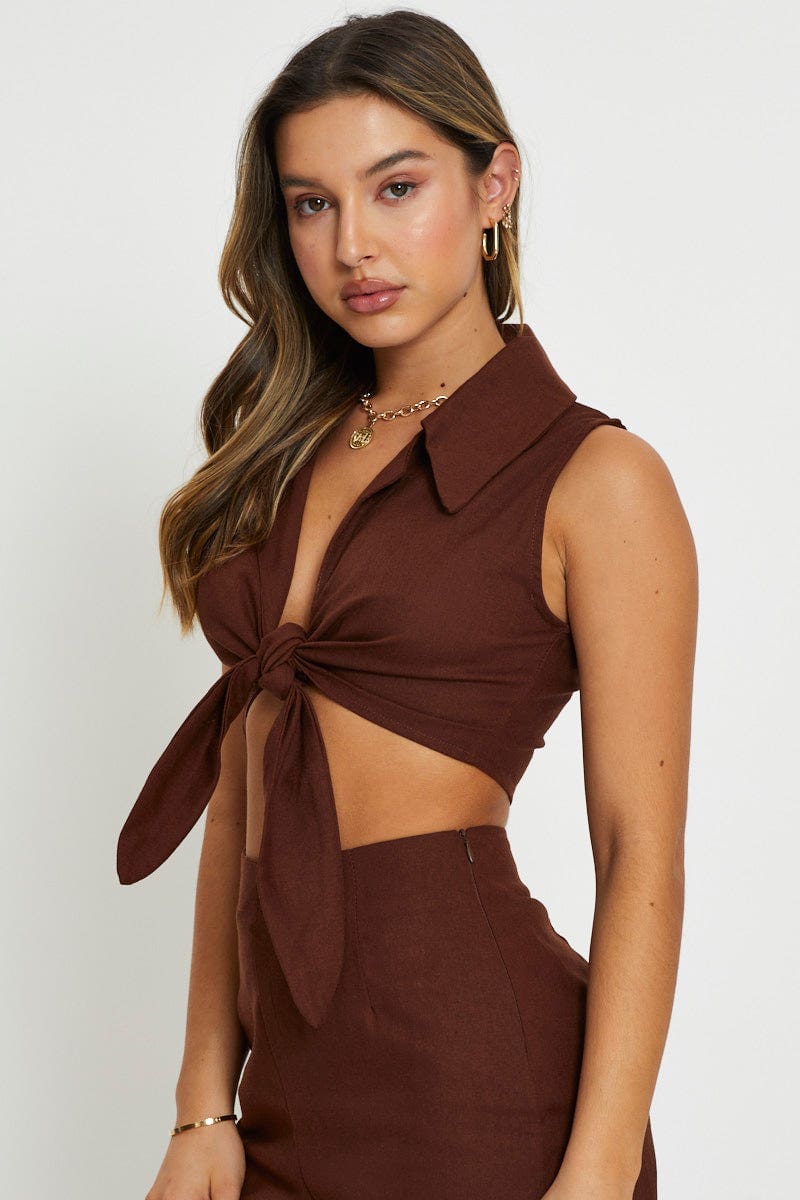Brown Crop Top Sleeveless Tie Up - Image 4