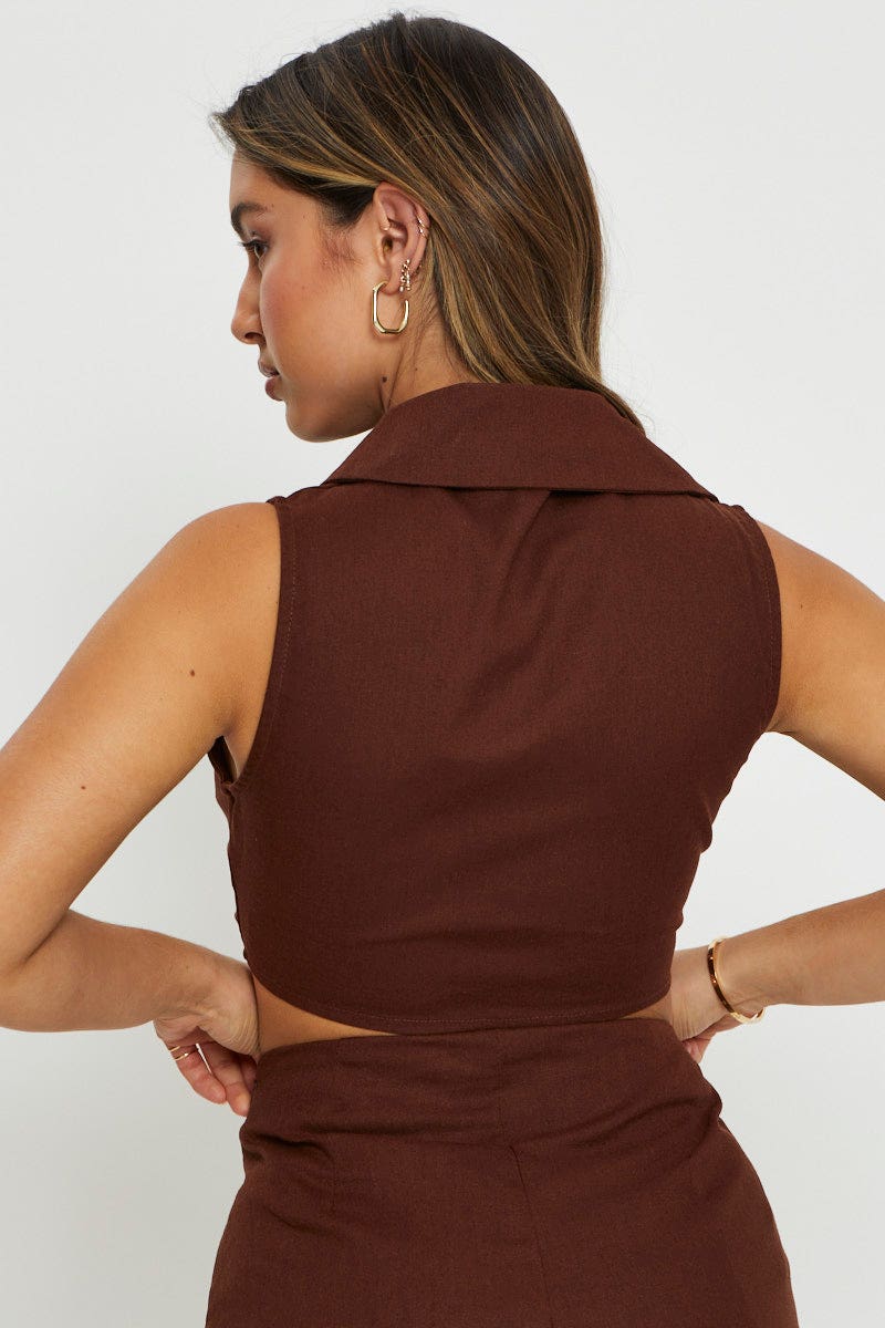 Brown Crop Top Sleeveless Tie Up - Image 5