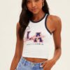 White Graphic Tank La Sleeveless Contrast Bind Crop