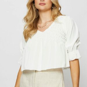 White Crop Blouse Short Sleeve Round Neck