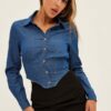 Denim Crop Shirt Long Sleeve Collared Corset Detail