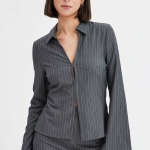 Grey Stripe Shirt Long Sleeve Collared Hook & Eye
