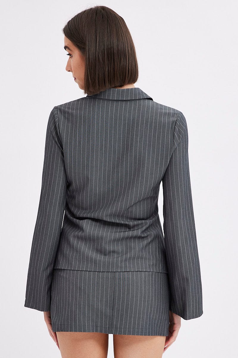 Grey Stripe Shirt Long Sleeve Collared Hook & Eye - Image 5